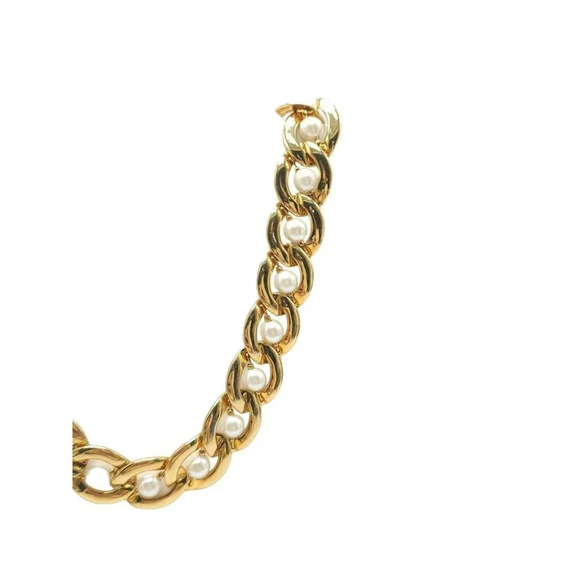 Napier Faux Pearl Chunky Chain Necklace Foldover Closure Gold Tone Vintage 16.5" - Picture 4 of 6